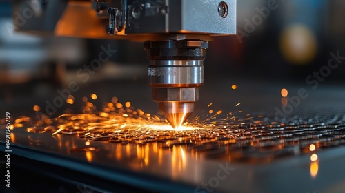 Precision laser cutting machine creating sparks on a reflective surface
