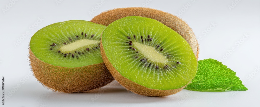 Fototapeta premium The vibrant green kiwi fruit sliced in half showcasing its juicy interior.