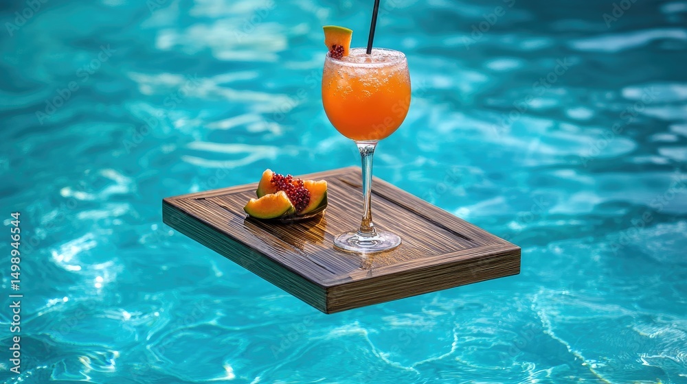 Obraz premium Floating wooden platter holding a refreshing summer drink.
