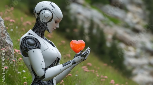 Robot holding heart, nature background, AI emotion, peaceful meadow, future tech