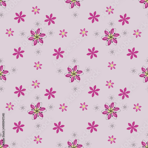 Abstract purple hibiscus floral in seamless pattern background. Colorful flowers, flower petals, blooms, roses on wallpaper for banner, prints, packaging.