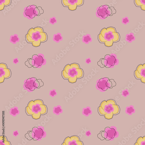 Abstract yellow and pink floral in seamless pattern background. Colorful flowers, flower petals, blooms, roses on wallpaper for banner, prints, packaging.