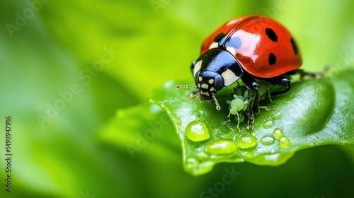 Ladybug eating aphid on dew-covered leaf, garden background, nature poster