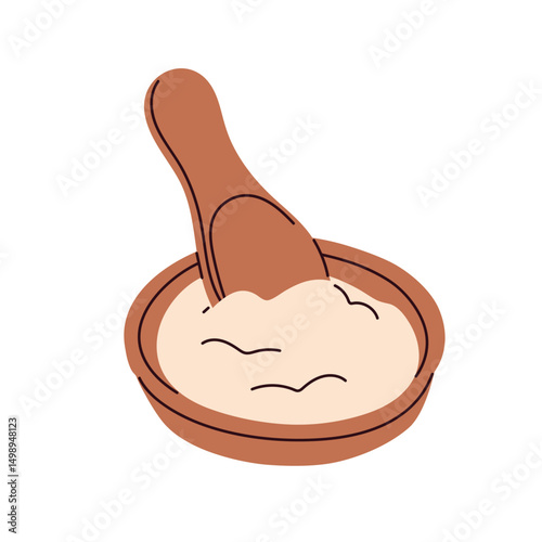 Baking soda in bowl with wooden spoon. Natural eco-friendly kitchen ingredient for cooking. Bicarbonate in wood pot for organic cleaning. Flat vector illustration isolated on white background