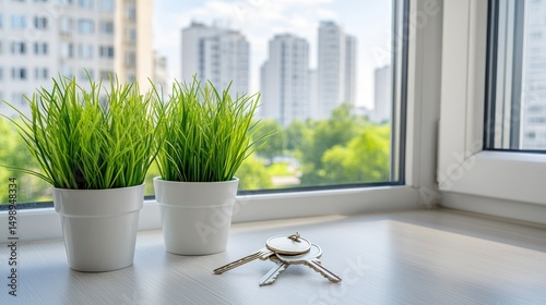 Apartment keys, plants, city view windowsill, new home