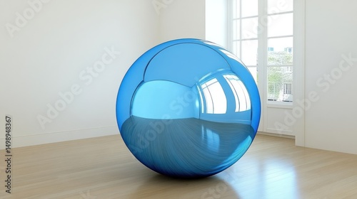 Blue sphere reflects room, window, city; interior design