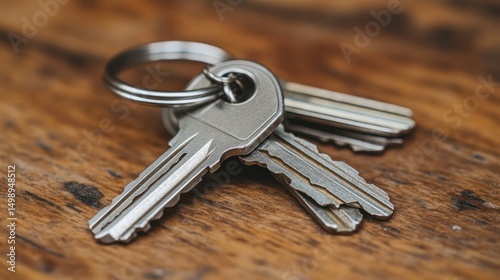 Keys, metal, wood table, background blurred, real estate