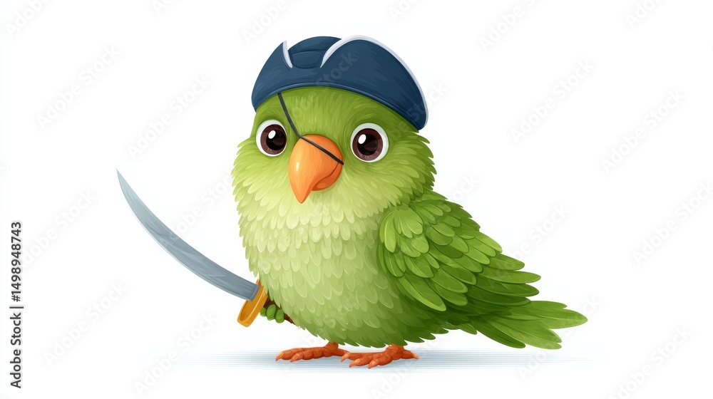 Fototapeta premium Playful Parrot Dressed as a Pirate Holding a Sword with Vibrant Green Feathers and Cute Expression