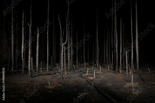 Burnt forest landscape at night in the Netherlands during a period of prolonged drought