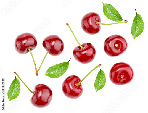 red cherry with green leaf isolated on white background. clipping path