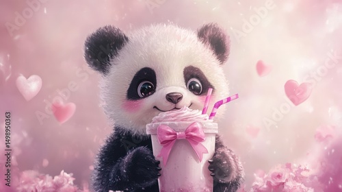 Cute Panda Holding Pink Milkshake, Hearts, Flowers, Valentine's