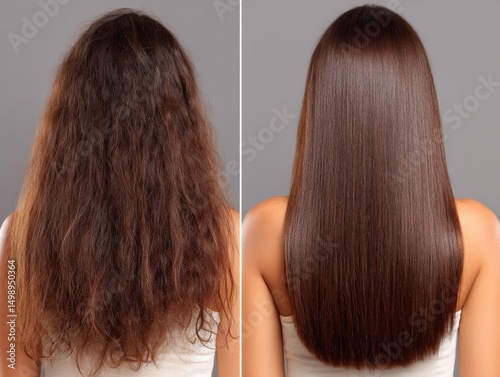 Before After Frizz Control Result, Haircare Ad Mockup for Keratin Smoothing, Shiny Healthy Hair Concept, Dark Brown Straight Hair, Selective Focus..