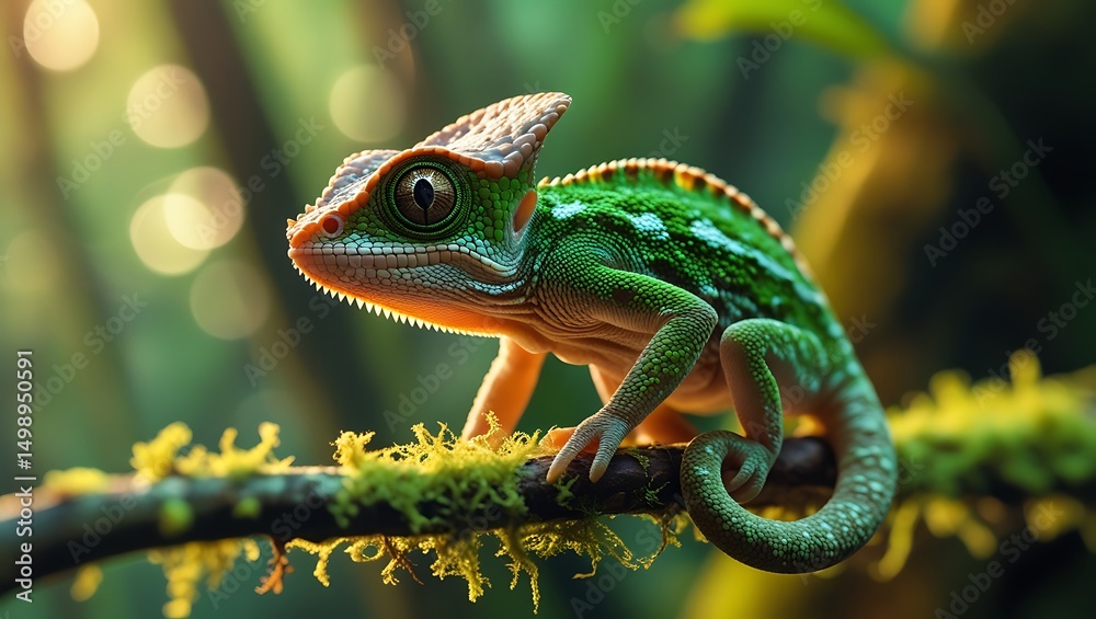 Fototapeta premium Photo of Green chameleon resting on a mossy branch in a lush forest environment with blurred background