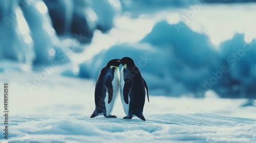 Antarctic penguins meet, icebergs background, wildlife scene, nature documentary