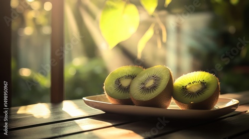 Sunlit kiwi slices on patio table, garden backdrop, healthy breakfast
