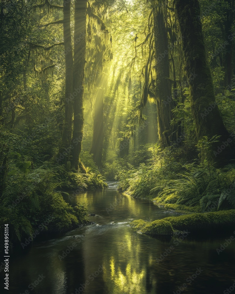 Obraz premium A serene forest scene bathed in golden sunlight. The tranquil river flows gently through lush greenery. Nature’s beauty captured perfectly. Generative AI