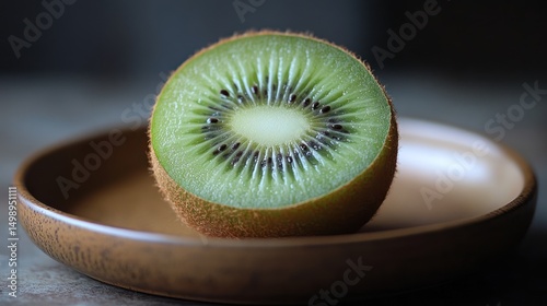 Half Kiwi Fruit Displayed on Wooden Plate for Healthy Lifestyle Concept