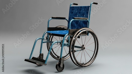 Old blue wheelchair studio shot, aged, worn, isolated, healthcare, medical