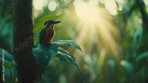 Kingfisher perched on leaf, jungle sunrise, vibrant foliage, nature documentary