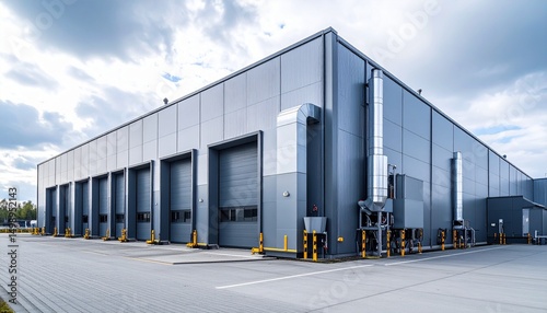 A modern manufacturing plant with metal exterior and large exhaust vents