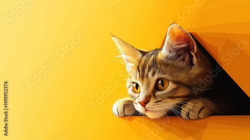 Adorable tabby cat peeking curiously from a geometrical, warm yellow background
