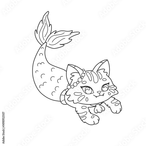 Coloring book with little mermaid cat among bubbles. Cute fantasy character for coloring. Kawaii animal underwater. Cartoon vector illustration, black outline