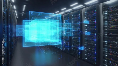 Wallpaper Mural Futuristic data center showcasing server racks with digital holograms and data streams Torontodigital.ca