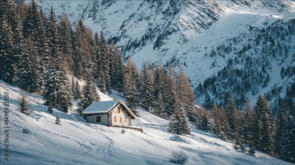 Fototapeta premium Snowy mountain hut in winter forest landscape