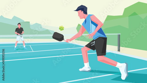 Athletes playing pickleball using a racket paddle hitting the ball, playing on the court. Cartoon illustration.