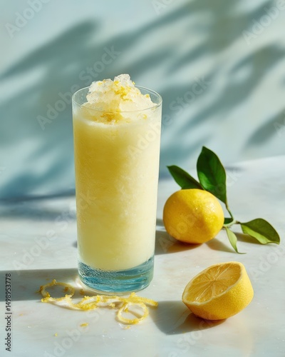 Creamy Lemon Yogurt Smoothie with Fresh Lemons on Light Summer Background