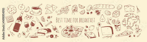 Drawing set of food for breakfast or lunch. Sketches of eating, meals. Doodle cup of coffee, toasts, sandwiches, fruit, seafood, cheese, tableware. Hand drawn outline isolated vector illustrations