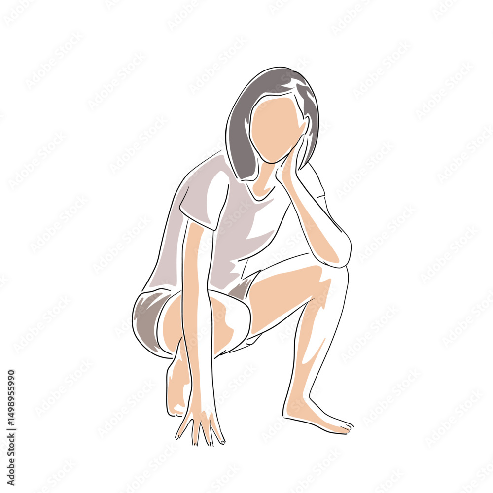 Woman sitting, isolated flat design vector illustration, woman enjoys summer travel