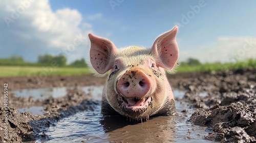 A gleeful pig wallowing in muddy bliss radiating pure joy on a sunny afternoon amidst nature s playground with soft