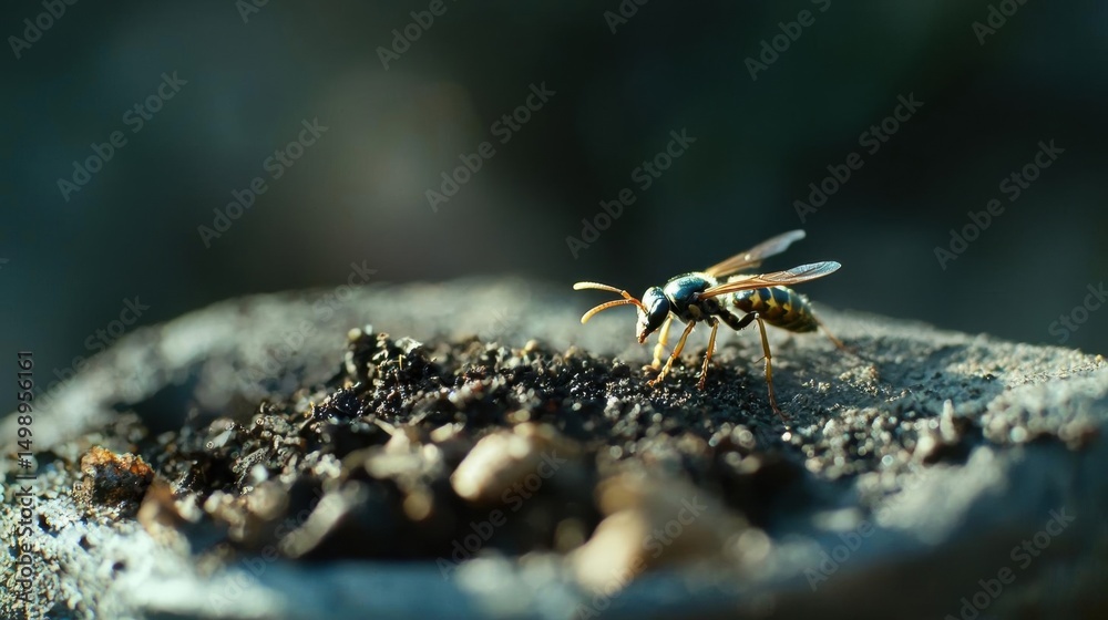 Obraz premium Close-up of a wasp sitting on a rock. the wasp is facing towards the right side of the image and its body is covered in yellow and black stripes. its wings are spread out and its antennae are visible.