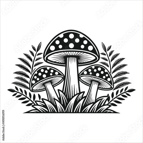  Mushrooms Vector, Mushroom, Fungi, Toadstool, Botanical, Illustration, Line Art, Black And White, Monochrome, Forest, Nature, Vintage, Hand Drawn, Engraved, Sketch, Wild, Flora, Plant, Detailed, vect
