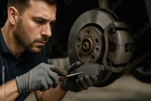 Mechanic Replacing Brake Pads: Automotive Repair photo