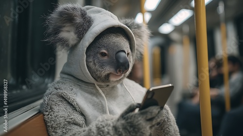 Tired koala wearing a hoodie riding the subway while scrolling on smartphone, portraying urban commuter lifestyle, modern technology habits, and relatable daily fatigue