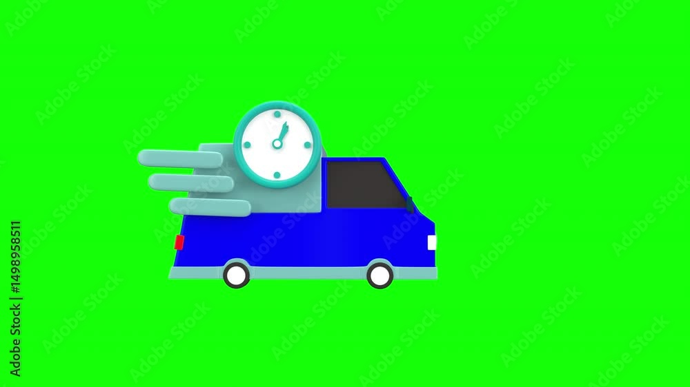 3d animation fast delivery car with a clock symbolizing express shipping or timely logistics services, ideal for use in e-commerce, transport, or delivery related content with alpha channel