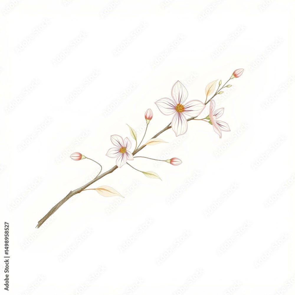 Naklejka premium Elegant illustration of a delicate flowering branch with soft pink blossoms and buds, set against a clean white background, highlighting natural beauty and artistry