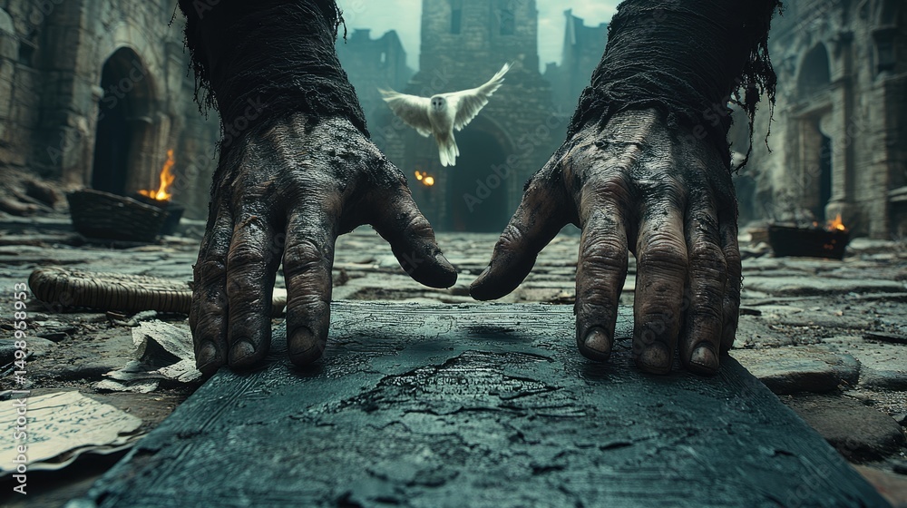 Fototapeta premium You clutch a black book while navigating a narrow medieval alley lit by eerie green lanterns. A white owl glides past as shadows shift around abandoned items and crumbling walls. 