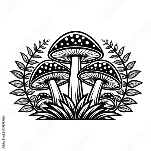  Mushrooms Vector, Mushroom, Fungi, Toadstool, Botanical, Illustration, Line Art, Black And White, Monochrome, Forest, Nature, Vintage, Hand Drawn, Engraved, Sketch, Wild, Flora, Plant, Detailed, vect