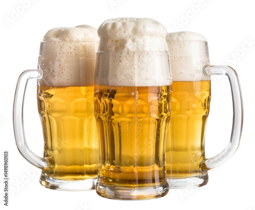 three mugs of beer with frothy heads on white background.