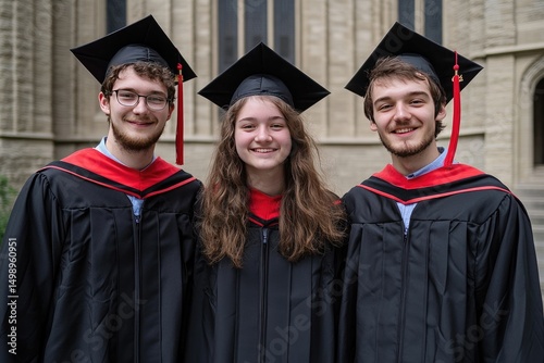 Three graduates in academic regalia pose for a celebratory photo.