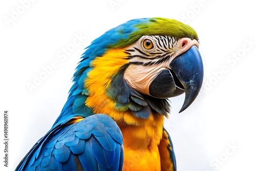 Blue and yellow parrot is standing on a white background