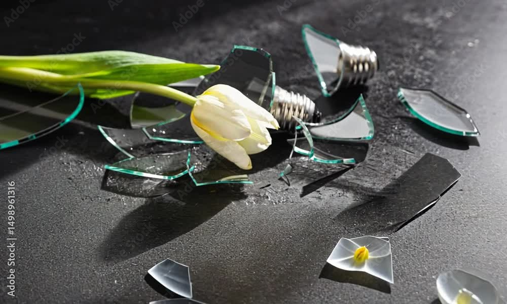 A broken light bulb surrounded by shards of glass and a white tulip, creating a contrasting scene