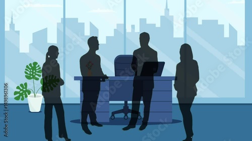 silhouettes of people in a modern office room with a city view background