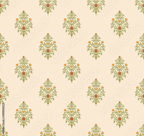 Mughal flower motif seamless pattern. Traditional flower pattern illustration. Flower pattern for fashion, fabric, textile, and wallpaper.