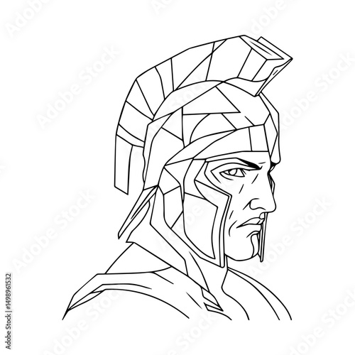 Stoic gladiator profile in helmet with stern look.