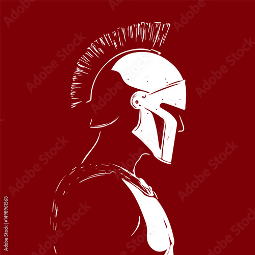 Side profile of Roman gladiator helmet on crimson.