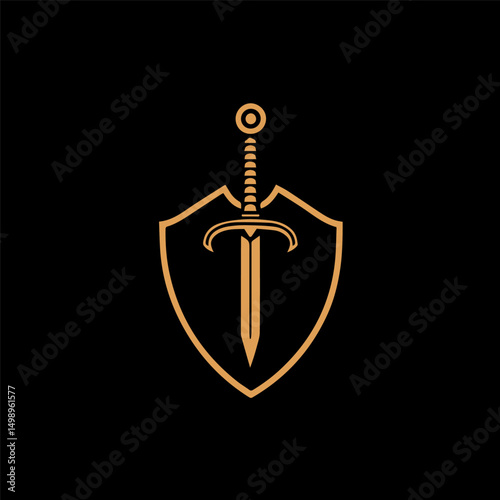 Golden sword and shield on black background, symbol of protection